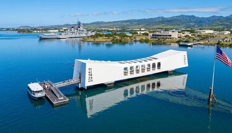 he USS Arizona Memorial at Pearl Harbor, Hawaii, honoring the history of the 1941 attack.