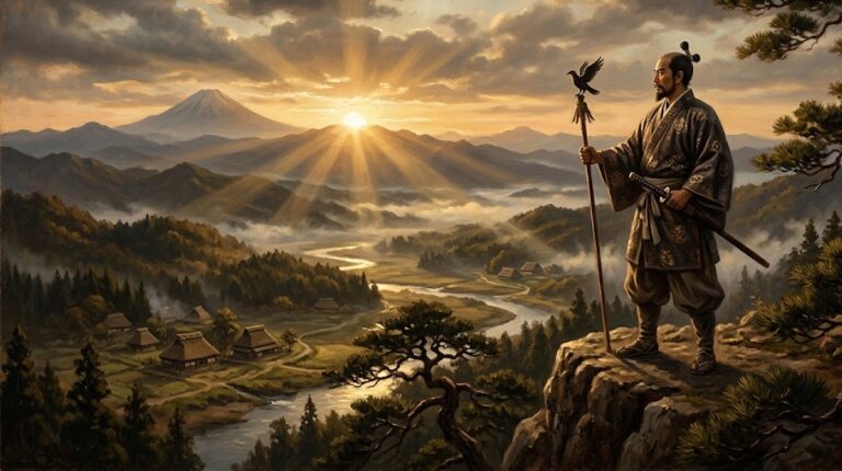 Artistic representation of Emperor Jimmu, the legendary founder of Japan, at sunrise.