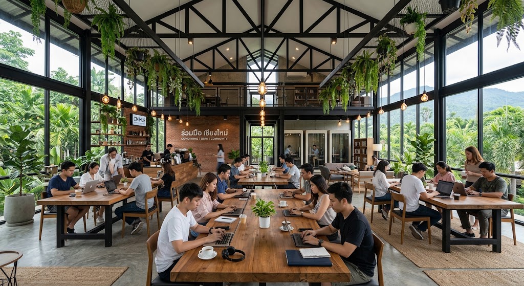 A modern coworking space filled with digital nomads in Chiang Mai.