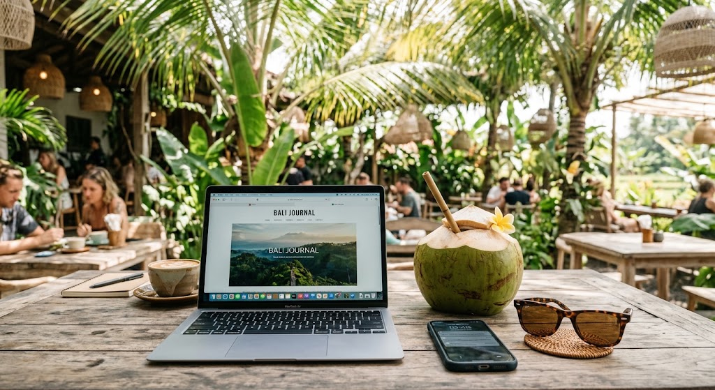 A digital nomad workspace setup at a tropical cafe in Southeast Asia.