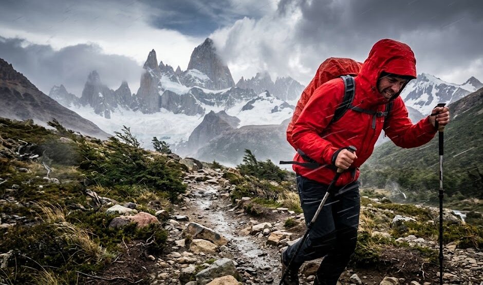 A hiker wearing a windproof hardshell jacket bracing against strong Patagonian winds.