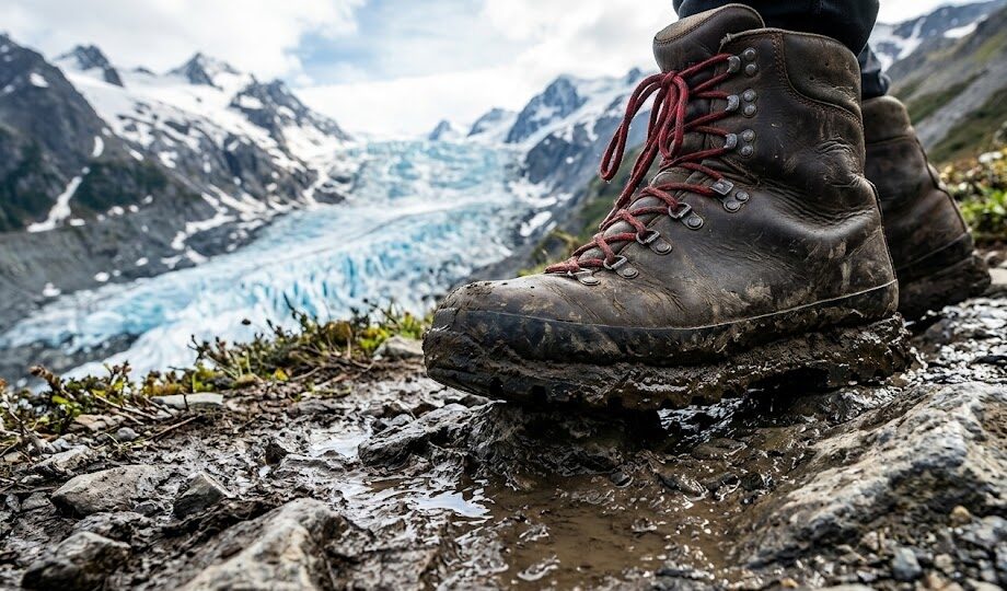Heavy-duty waterproof trekking boots on a rocky Patagonian trail.