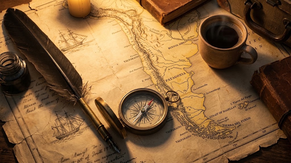 An antique map showing the Patagonia region at the southern tip of South America.