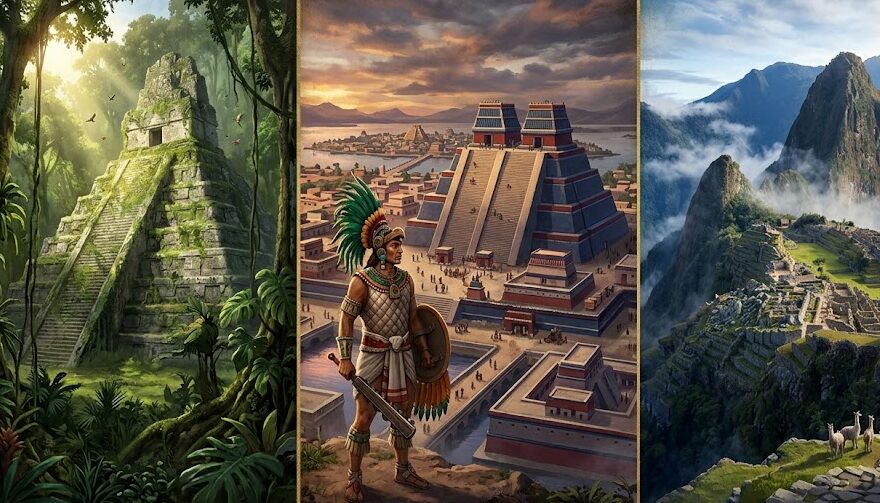A visual comparison of the Maya, Aztec, and Inca civilizations and their distinct environments.