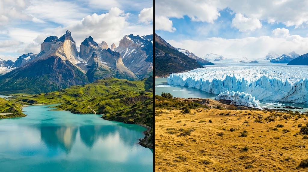 A visual comparison of the green landscapes of Chilean Patagonia and the glacial steppe of Argentine Patagonia.