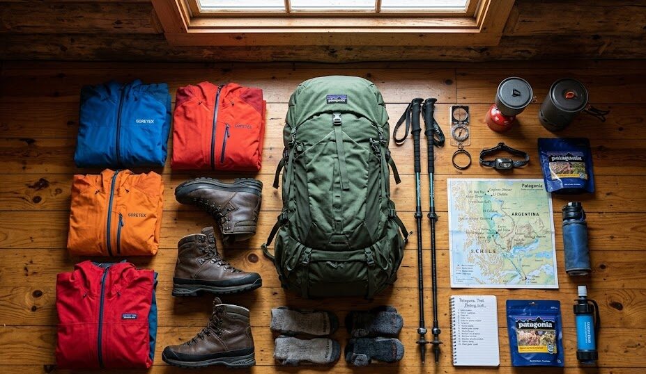Essential trekking gear and clothing laid out for a Patagonia packing list.