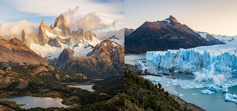 A stunning panoramic view of Patagonia featuring jagged mountain peaks and blue glaciers.
