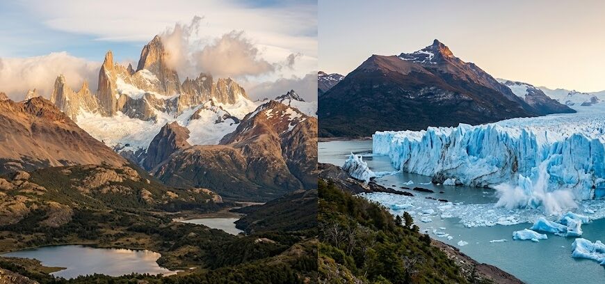 A stunning panoramic view of Patagonia featuring jagged mountain peaks and blue glaciers.