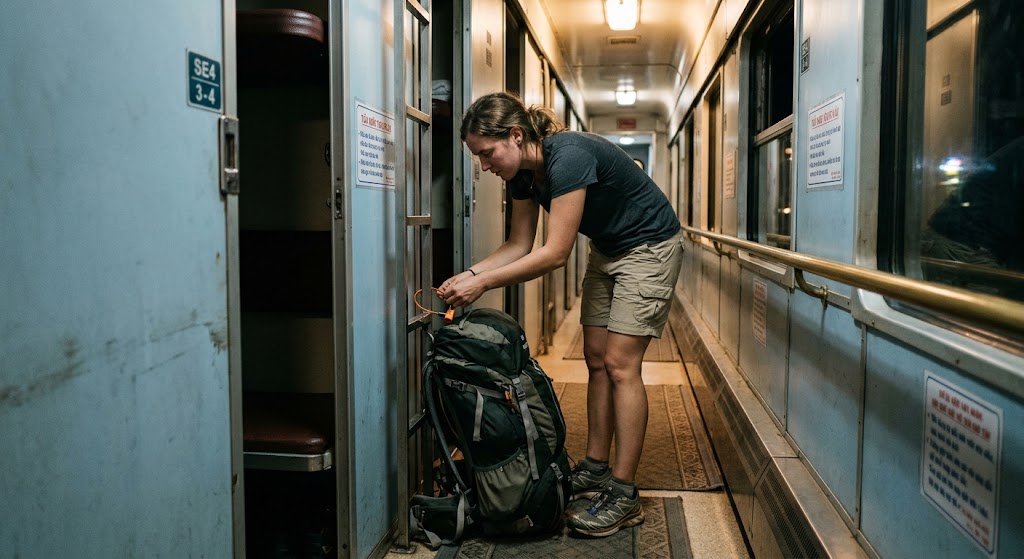 Securing luggage on an overnight sleeper train in Southeast Asia.