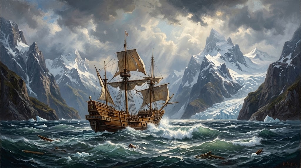 Ferdinand Magellan's ship navigating the treacherous Strait of Magellan.