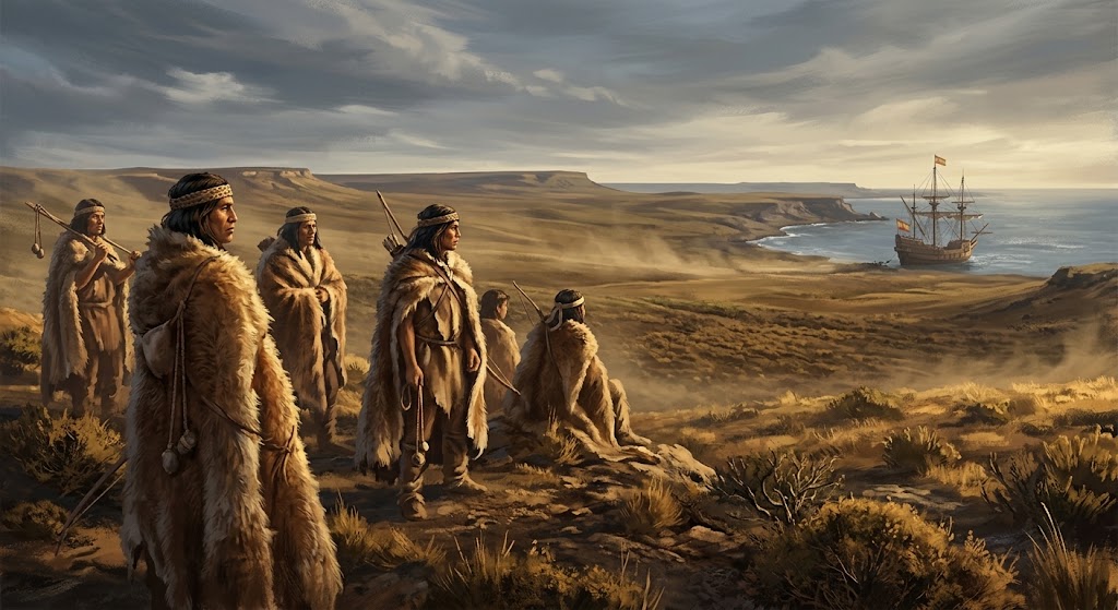 Illustration of the indigenous Tehuelche people of Patagonia observing early European explorers.
