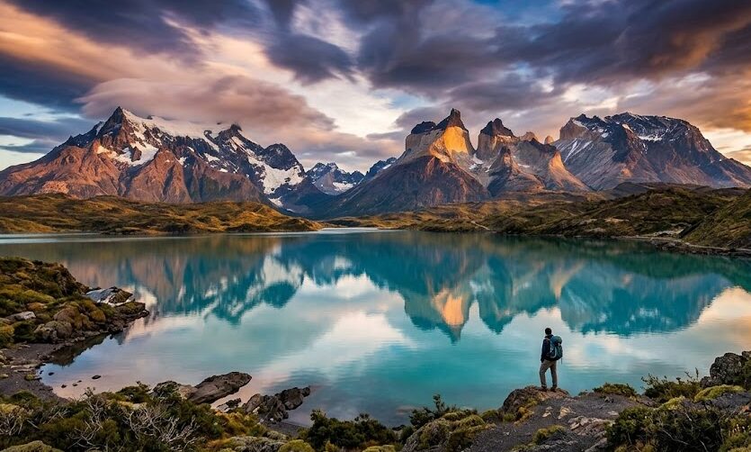 The iconic granite peaks and turquoise lake of Torres del Paine National Park in Chile.
