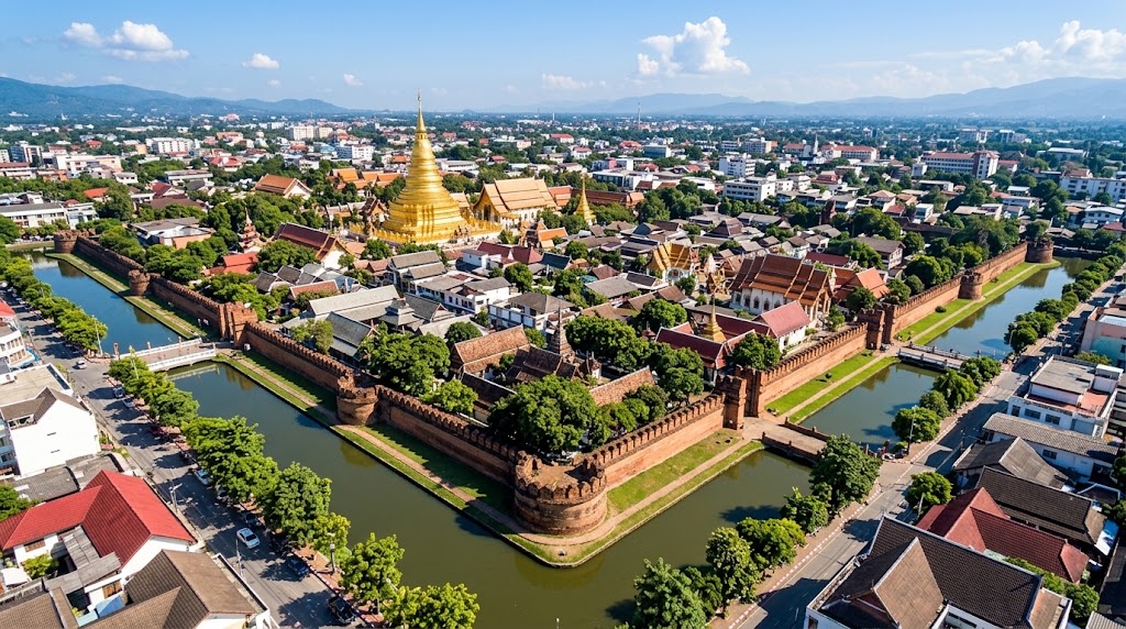 The ancient walls and moat surrounding the Old City of Chiang Mai.