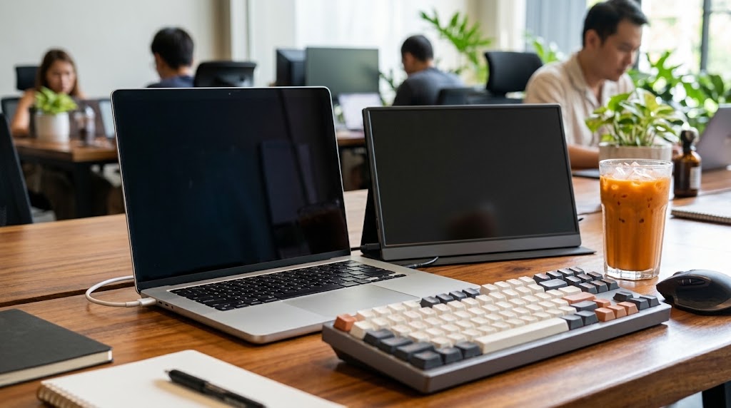 A dual-monitor digital nomad workstation setup in a coworking space.